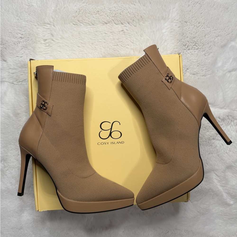 Tan Knit Sock Stiletto Ankle Boots